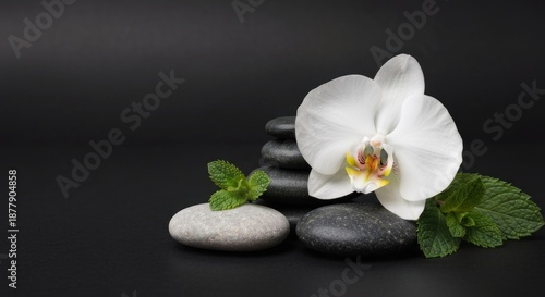 A white orchid bloom and mint leaves adorn a stack of dark stones on a black surface