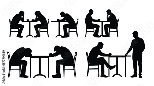 Silhouettes of people sitting at tables looking stressed