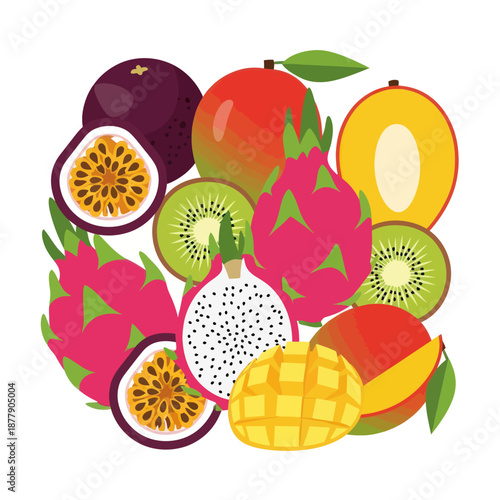 Assorted Exotic Fruits and Fruit Halves.