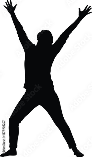 Silhouette of a person with arms raised in a joyful gesture on a white background, celebrating a success or victory
