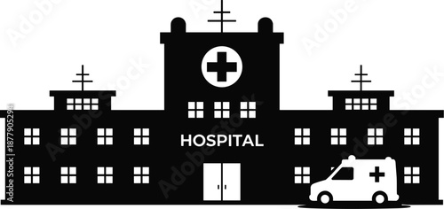 Stylized hospital building with ambulance car illustration in black and white medical facility design for healthcare service clinic emergency room vector graphic resource for website application icon