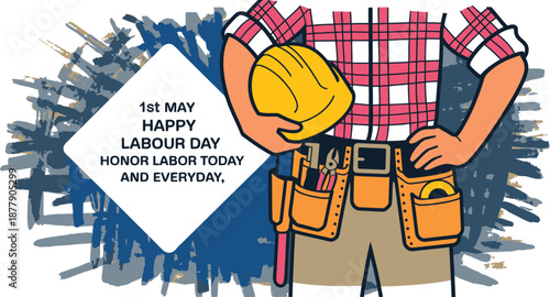 Labour Day worker holding yellow hard hat with tool belt illustration