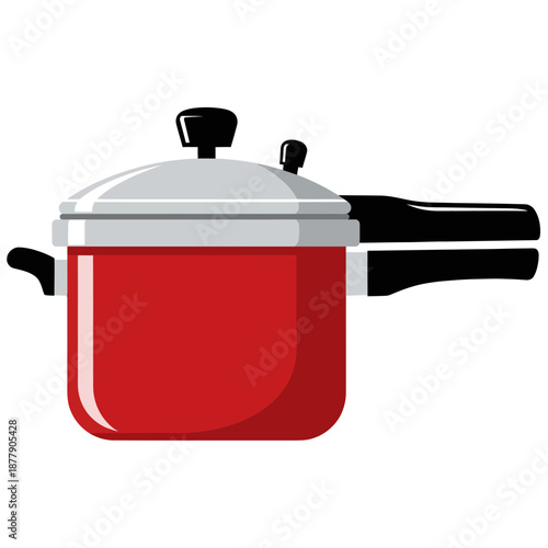 Red Pressure Cooker with Silver Lid.