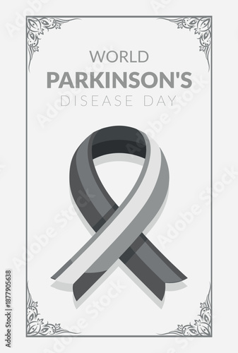 World parkinson's disease day banner featuring a gray awareness ribbon and decorative border