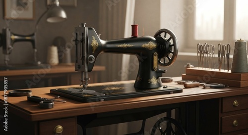 Antique sewing machine on wooden desk, other tools and machines in a warmly lit room