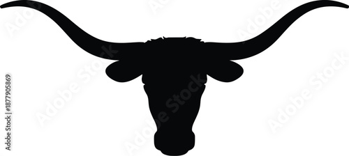 Longhorn silhouette graphic illustration of Texas Longhorns bull with long horns in black and white for sports team branding college mascot spirit logo design university athletic department decoration