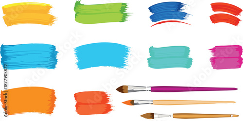 Colorful Paint Brush Strokes Vector Illustration Set Featuring Vibrant Acrylic and Watercolor Swatches, Artistic Textures, and Creative Design Elements for Graphic Projects