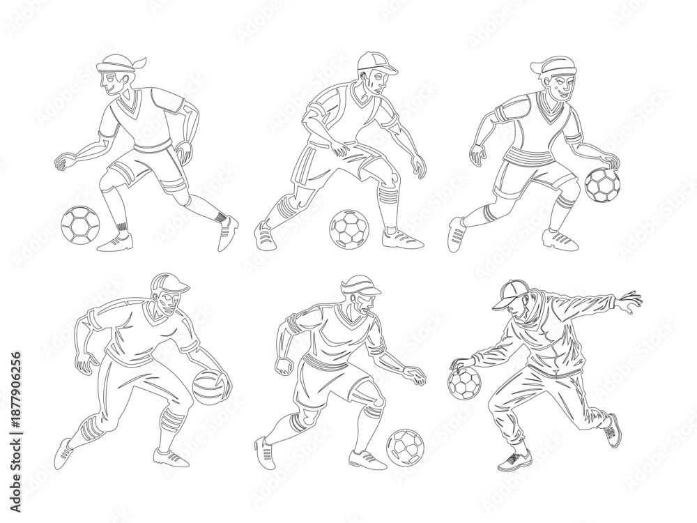 Fototapeta premium Line Art Set of Dynamic Sports Players Dribbling Ball Action