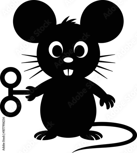 Adorable Black Wind-Up Toy Mouse Vector Icon - Simple Clockwork Rat Silhouette Mascot Design for Gaming, Robotics, Automation, and Kids' Play.