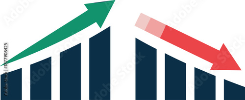 Abstract financial bar graph with upward green arrow showing investment gains and downward red arrow indicating losses for business performance presentations and marketing materials in the financial s