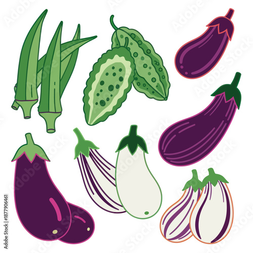 Assorted Vegetables Illustration Eggplant Okra Onion.