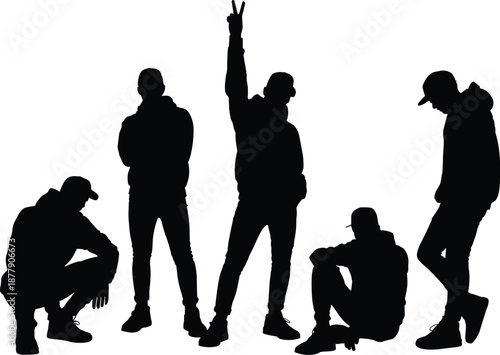 Silhouette of diverse young men in casual streetwear fashion posing together in urban setting group of friends expressing unity and camaraderie social lifestyle youth culture concept for advertising m