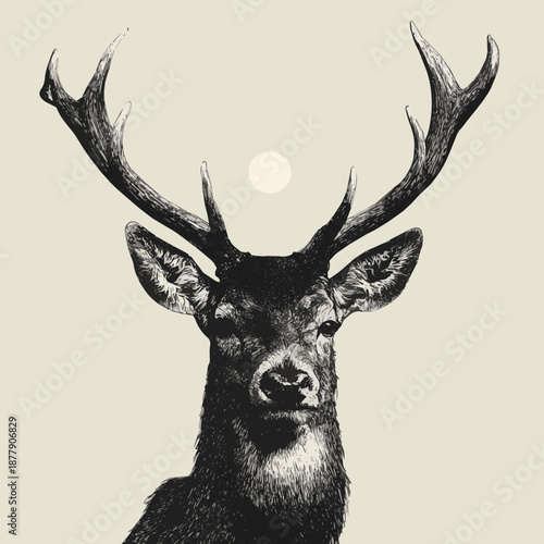 Created A stylized black and white illustration of a deer head with large antlers on a light background