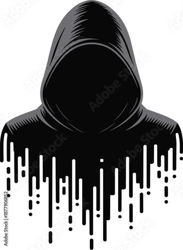 Abstract hooded faceless figure dripping black liquid paint mysterious anonymous character concept for cyber security digital threat protection privacy illustration in modern graphic design style for