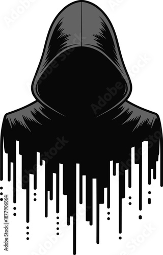 Mysterious hooded figure silhouette dripping darkness concept for cybersecurity threat intelligence anonymous hacker identity privacy data breach black and white illustration for technology graphic de