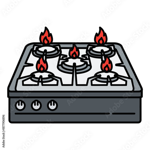 Gas Stove with Burners and Flames.