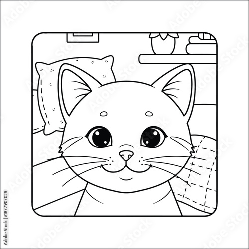 Bold and Easy Cat Coloring Page - Cozy Moment Kitten Vector. Cat line art vector coloring page