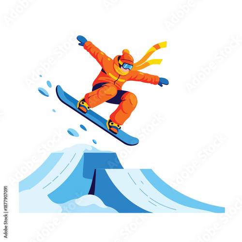 A snowboarder in an orange snowsuit performs an aerial trick over a snowy mound in a dynamic ice sports scene with a clean white background.