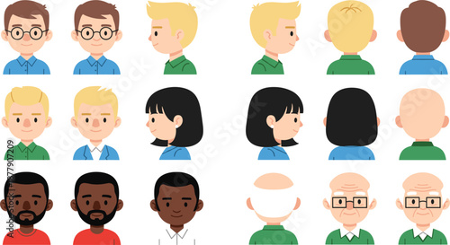 Male and female character avatar set with front, side and back views in flat cartoon style