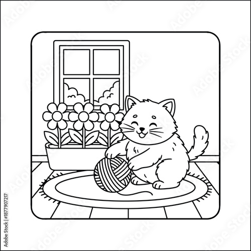 Bold and Easy Cat Coloring Page - Cozy Moment Kitten Vector. Cat line art vector coloring page