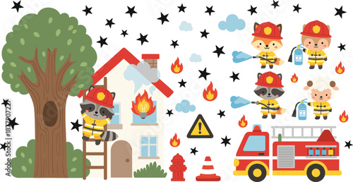 Cute animal firefighters saving house from fire with fire truck, ladder and safety equipment vector illustration