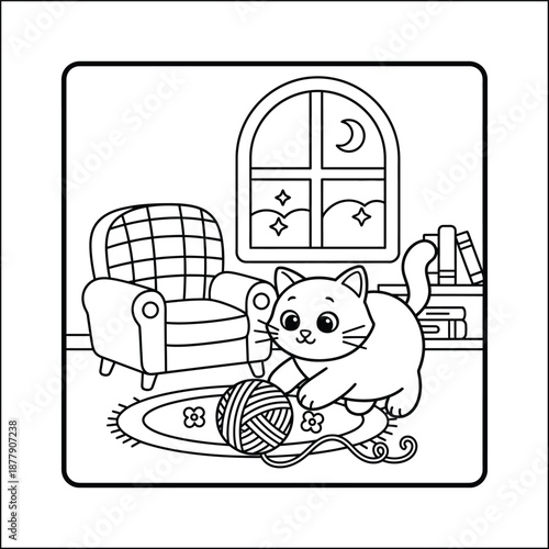 Bold and Easy Cat Coloring Page - Cozy Moment Kitten Vector. Cat line art vector coloring page