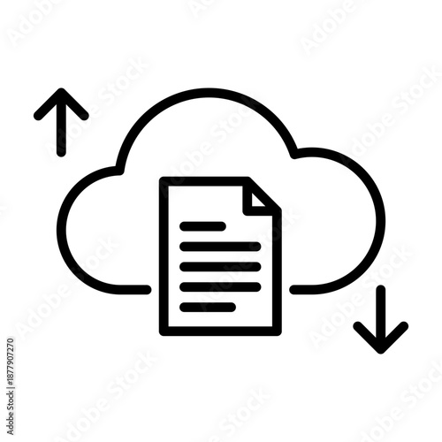 Cloud Computing Document Icon with Upload and Download Arrows, Digital File Storage Line Art. Editable stroke. Vector illustration