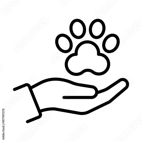 Human Hand Holding Animal Paw Icon, Pet Care and Veterinary Assistance Line Art. Editable stroke. Vector illustration