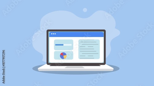 Flat illustration of a laptop showing a cloud analytics dashboard with charts and content panels. Modern technology concept for cloud computing, data analysis, and digital business workflow.
