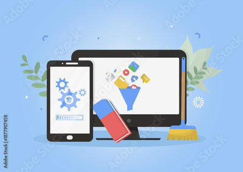 Digital device maintenance concept showing computer and smartphone removing digital clutter and unwanted files. Tech support and system optimization content. Digital cleanup day. Vector illustration