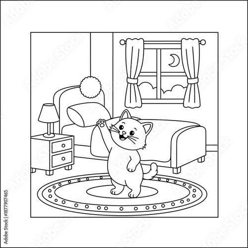 Bold and Easy Cat Coloring Page - Cozy Moment Kitten Vector. Cat line art vector coloring page