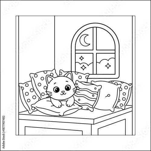 Bold and Easy Cat Coloring Page - Cozy Moment Kitten Vector. Cat line art vector coloring page