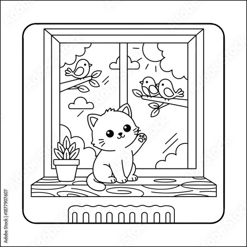 Bold and Easy Cat Coloring Page - Cozy Moment Kitten Vector. Cat line art vector coloring page