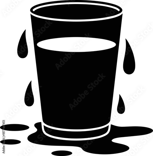 Overflowing Water Glass Glyph - Simple Black Silhouette Vector Icon of Liquid Spilling from a Tumbler, perfect for drink, hydration, cleaning, or accident concepts. EPS 10
