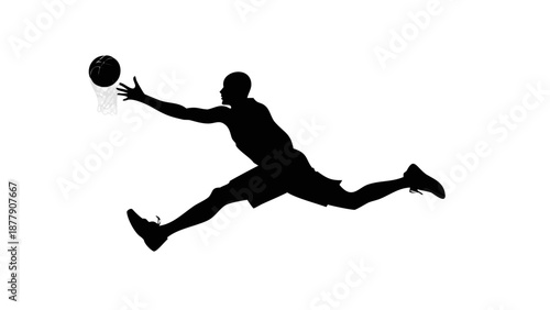 Dynamic silhouette of a basketball player jumping for a slam dunk, sports action, high energy vector.
