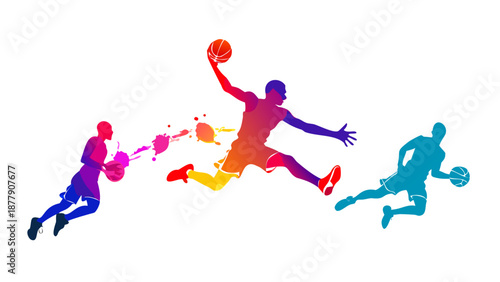 Dynamic silhouette of a basketball player jumping for a slam dunk, sports action, high energy vector.