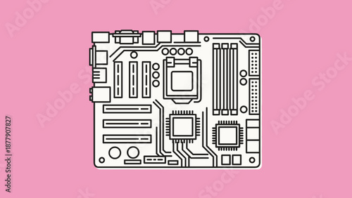 Detailed Illustration of Computer Motherboard Design.