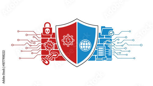 Shield Icon with Security Symbols and Circuitry.