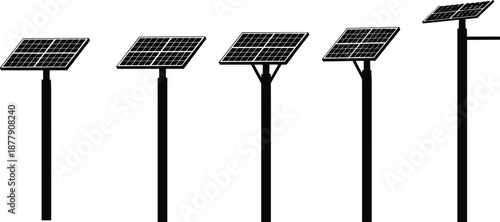 Silhouette solar panel pole mount set with various installation types for renewable energy, eco power, green technology, and infrastructure design
