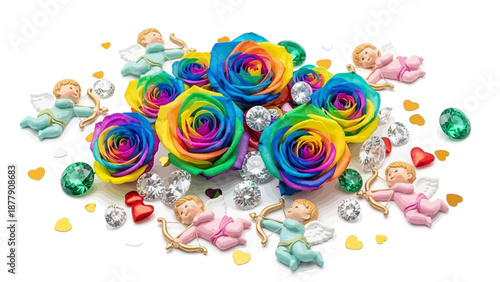 Colorful rainbow roses with cherubs and jewels scattered around