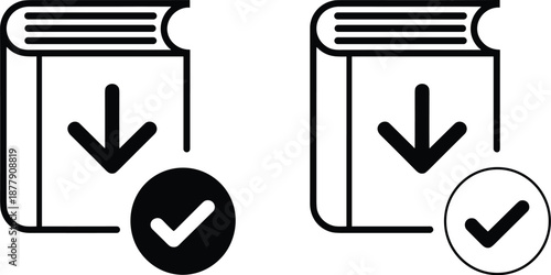Ebook download vector icon graphic illustration of book shape with arrow pointing down and check mark for online education digital library resources for mobile app ui design elements and website user