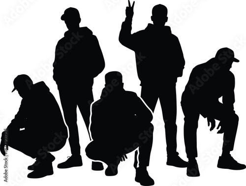 Silhouette of diverse young men standing and squatting in a group isolated on white background representing urban youth culture and community solidarity for social media marketing and advertising camp