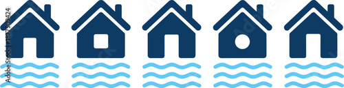 Flooded houses icons depicting rising sea levels climate change and impact of global warming on coastal real estate property drowning in water vector illustration for environmental awareness finance a