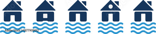 Flooded house icons depicting property damage from natural disasters flood insurance concepts climate change risk assessment for real estate investments urban planning disaster preparedness environmen