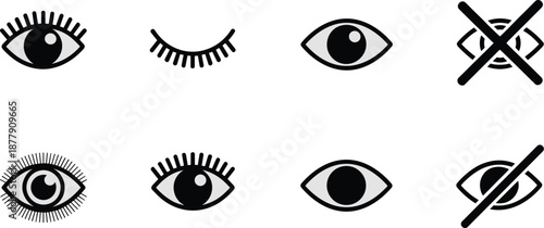 Set of various eye icons representing sight vision perception and blindness in modern minimalist vector illustration for healthcare optometry ophthalmology presentations and medical website ui ux desi