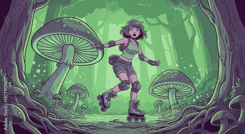 Roller Derby Girl Skating Through Enchanted Forest.