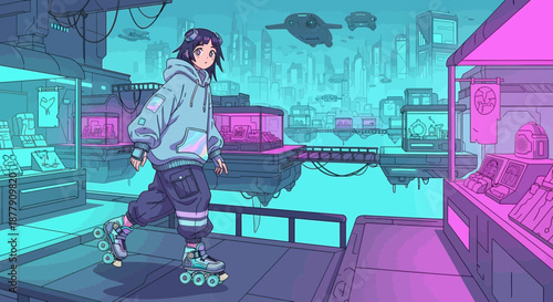 Roller Skating Girl in Futuristic Cityscape NeonLit Adventure.