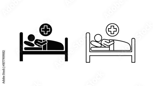 Patient Hospitalization Medical Icon Set with Cross Symbol and Bed