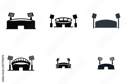 Stadium and Arena Icon Set with Floodlights Sports Venue Silhouette Vector