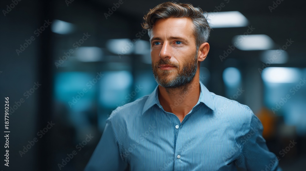 Obraz premium A confident businessman stands in a modern office, exuding a sense of leadership and determination. His gaze is focused and his posture suggests a strong personality